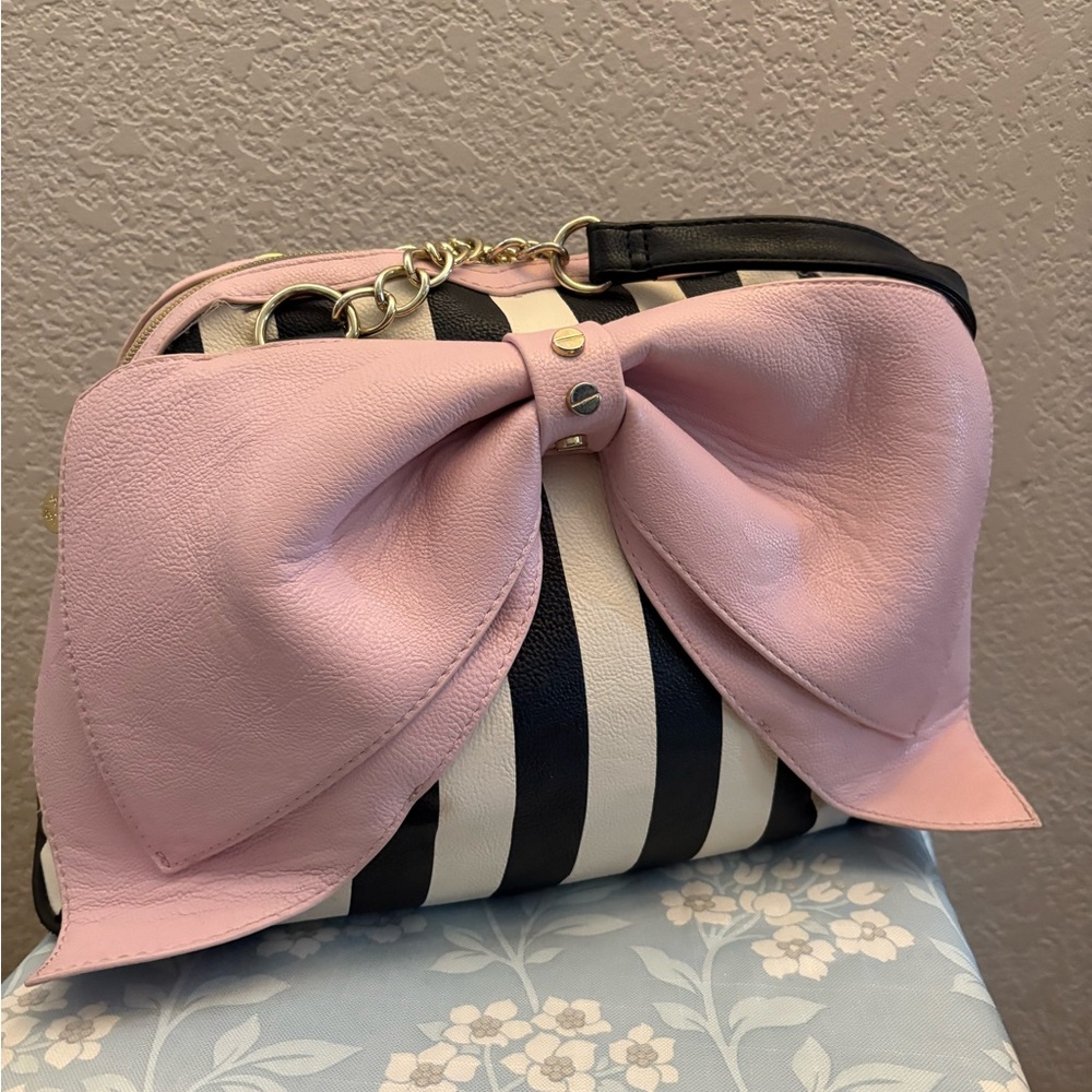 Betsey Johnson Pink Bow Striped Satchel